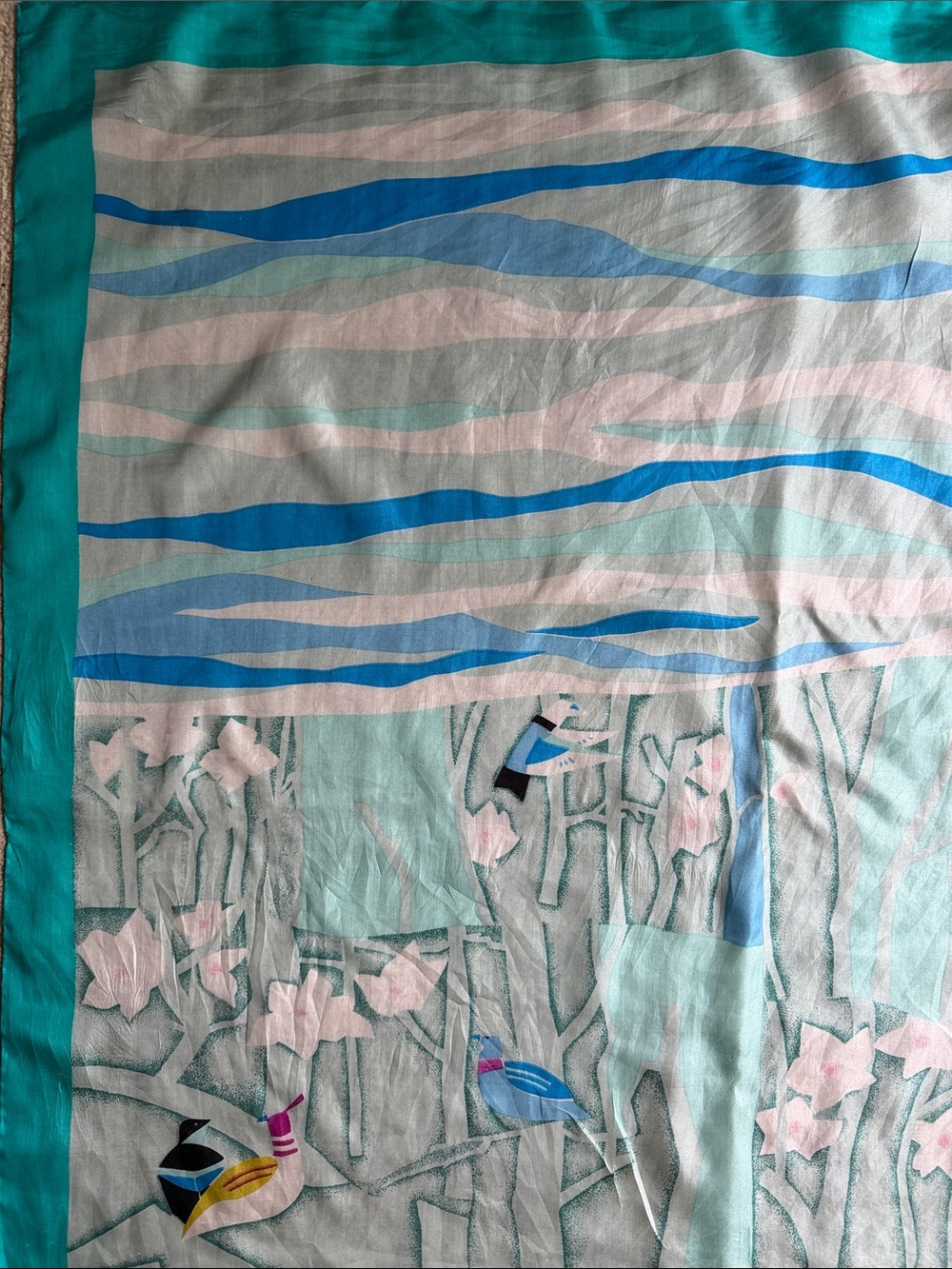 VTG Abstract Art Deco Avian Bird Flowy Silk Scarf Teal Waves Trees Square Retro - Picture 8 of 14